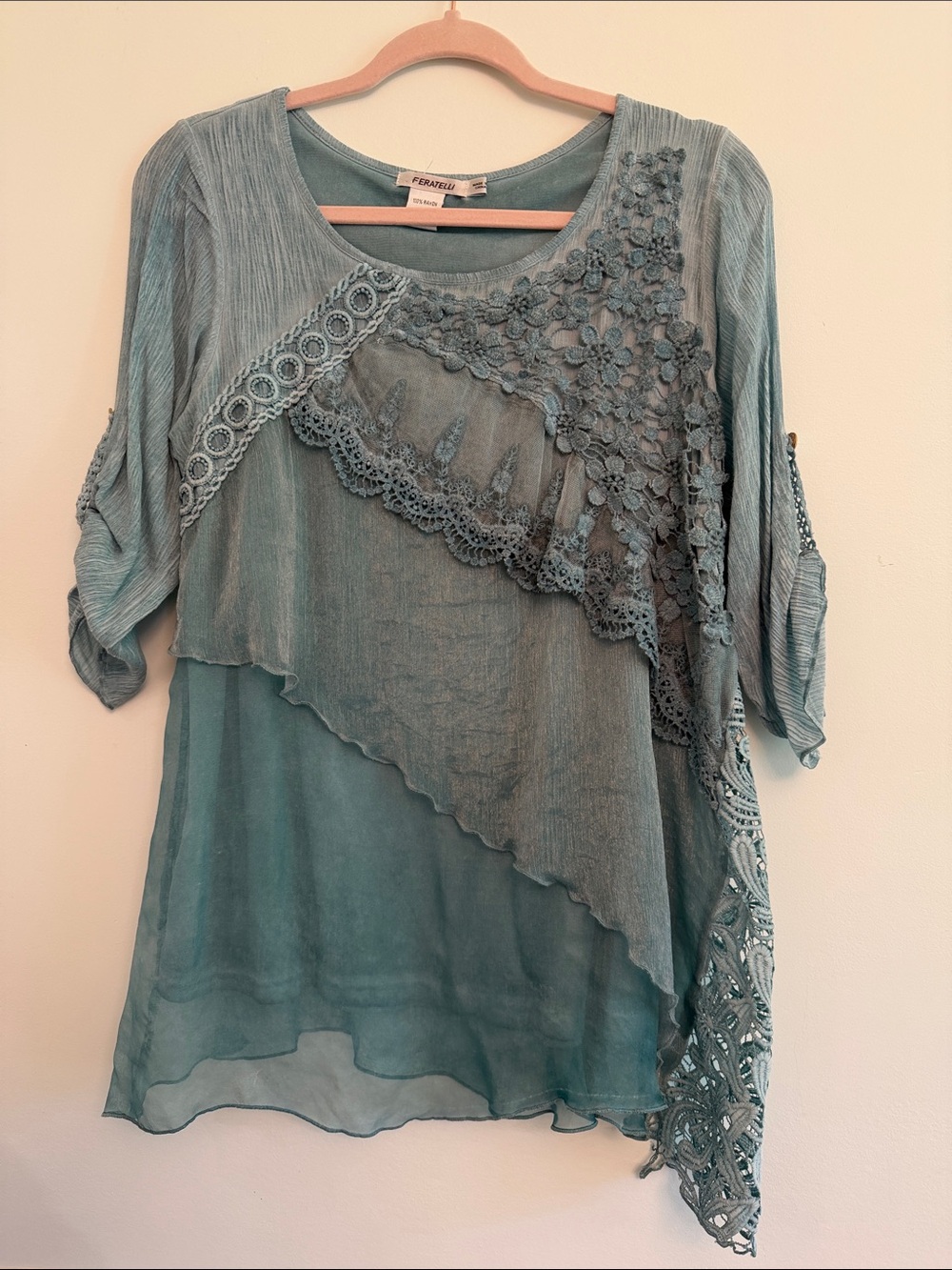 easel Teal Lace Crochet Asymmetric Layered Tunic